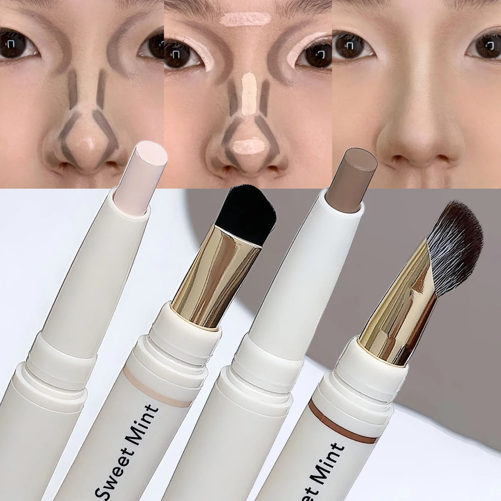 Dual-Ended Face Contour & Highlight Stick 3D Nose Shadow with Smudge Brush Silky Smooth Concealer Pen Natural Sculpting Makeup
