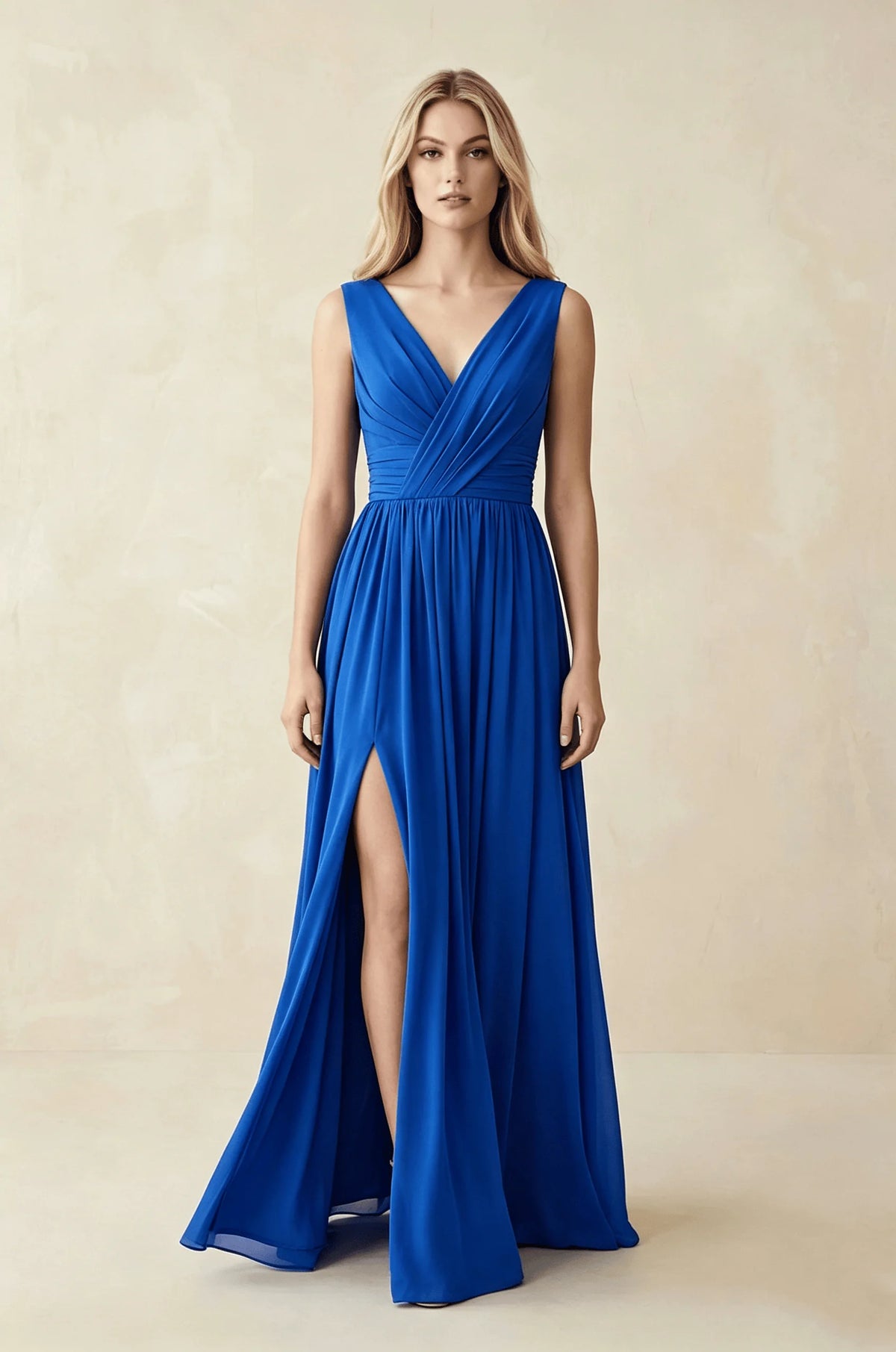 Sleeveless Deep V Neck Chiffon Formal Dress Ruched Empire Waist Front Split A‑Line Floor‑Length Bridesmaid Party Prom Dresses