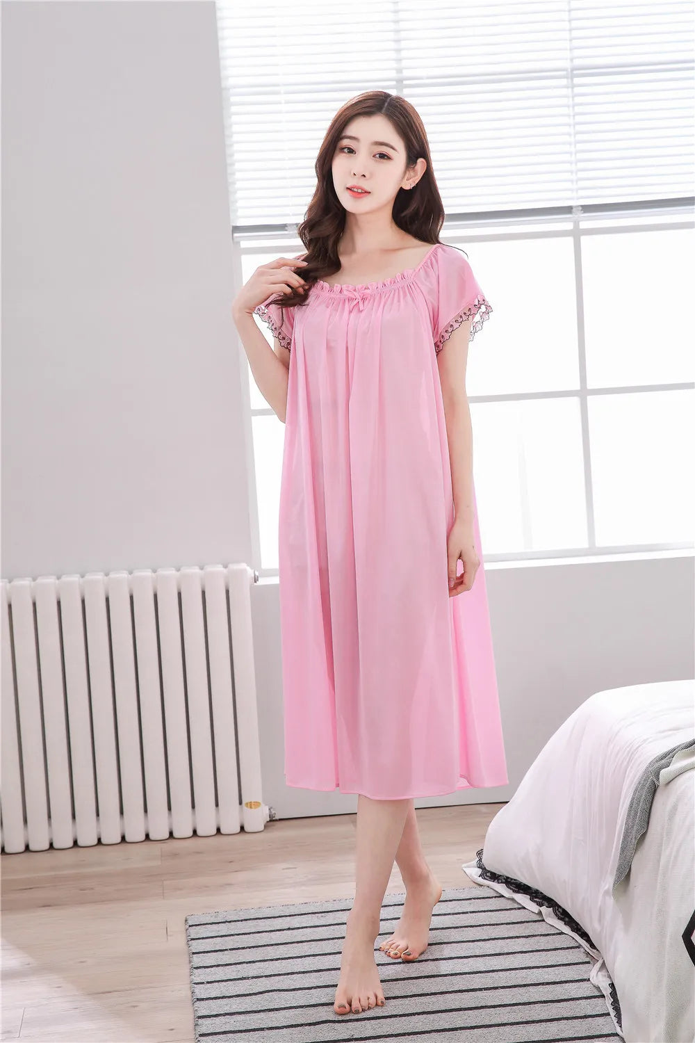 2026 New Women's Summer Imitation Silk Sleeping Skirt Multi Colored Short Sleeved Home Clothes Ice Silk Pajama Dress