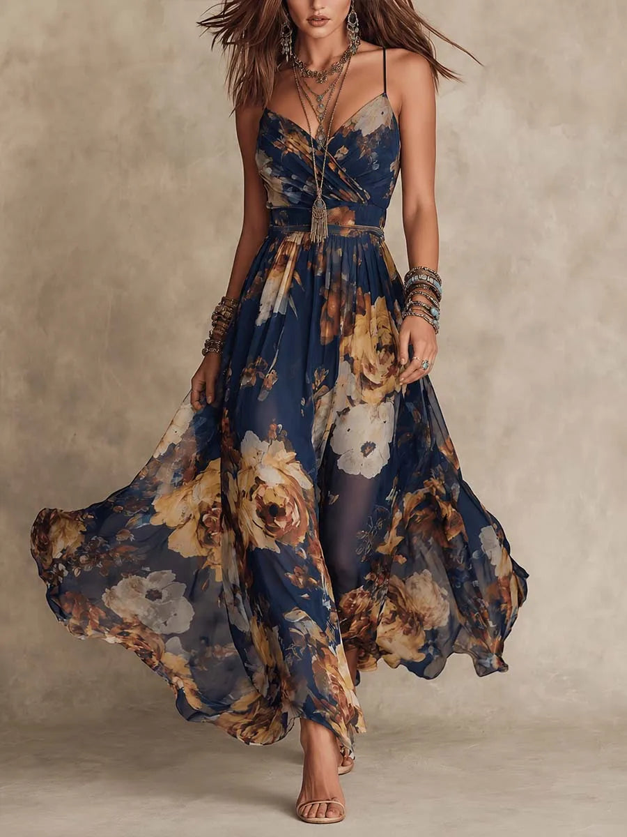 New Women Boho Floral Print Maxi Dress Elegant Spaghetti Strap V Neck Sleeveless Slim Waist A-Line Long Flowing Beach Sundress