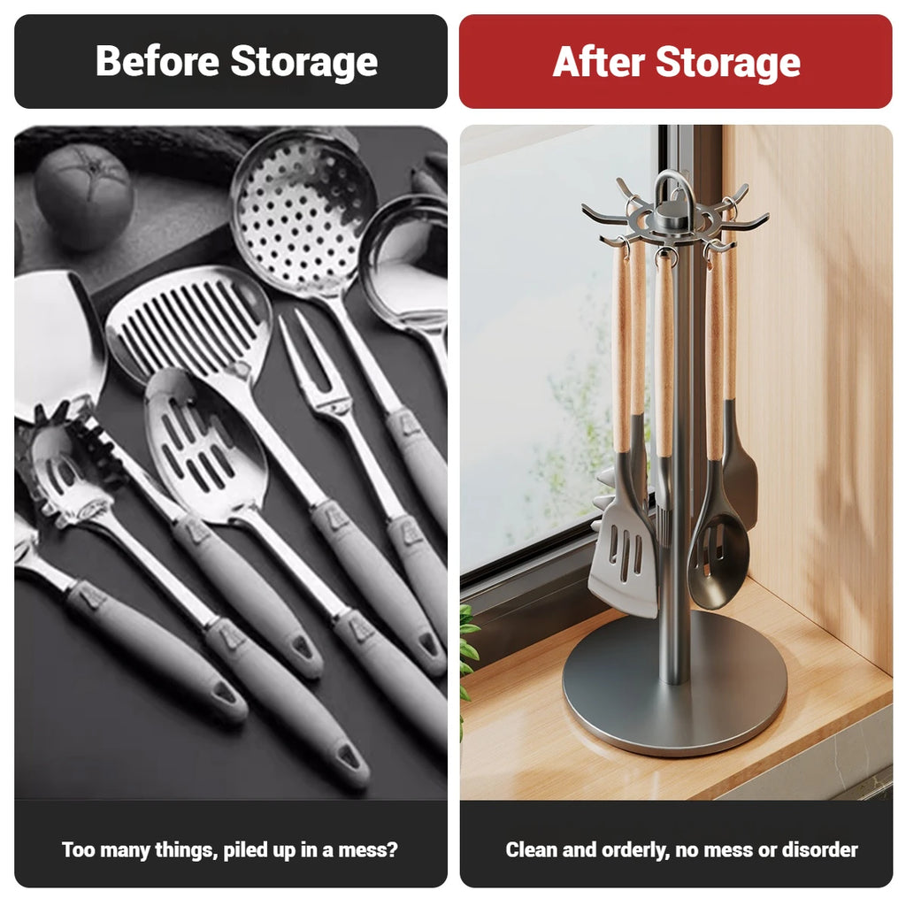 Soporte para utensilios de cocina: colgador de almacenamiento giratorio con 8 ganchos, para organización de encimeras, soporte giratorio para utensilios de cocina