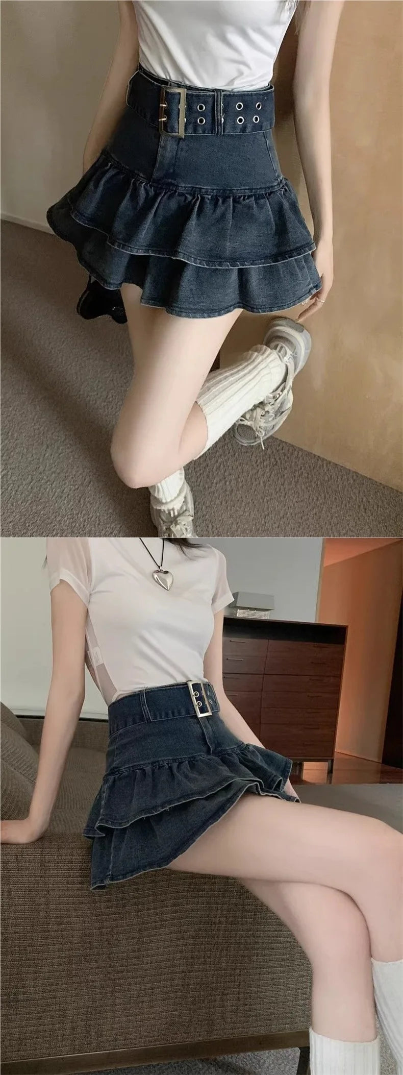 High Waist Short Denim Skirt Women's Summer Dopaamine Design Slimming A-Line Skirt with Lace Trim Super Short Casual Skirt