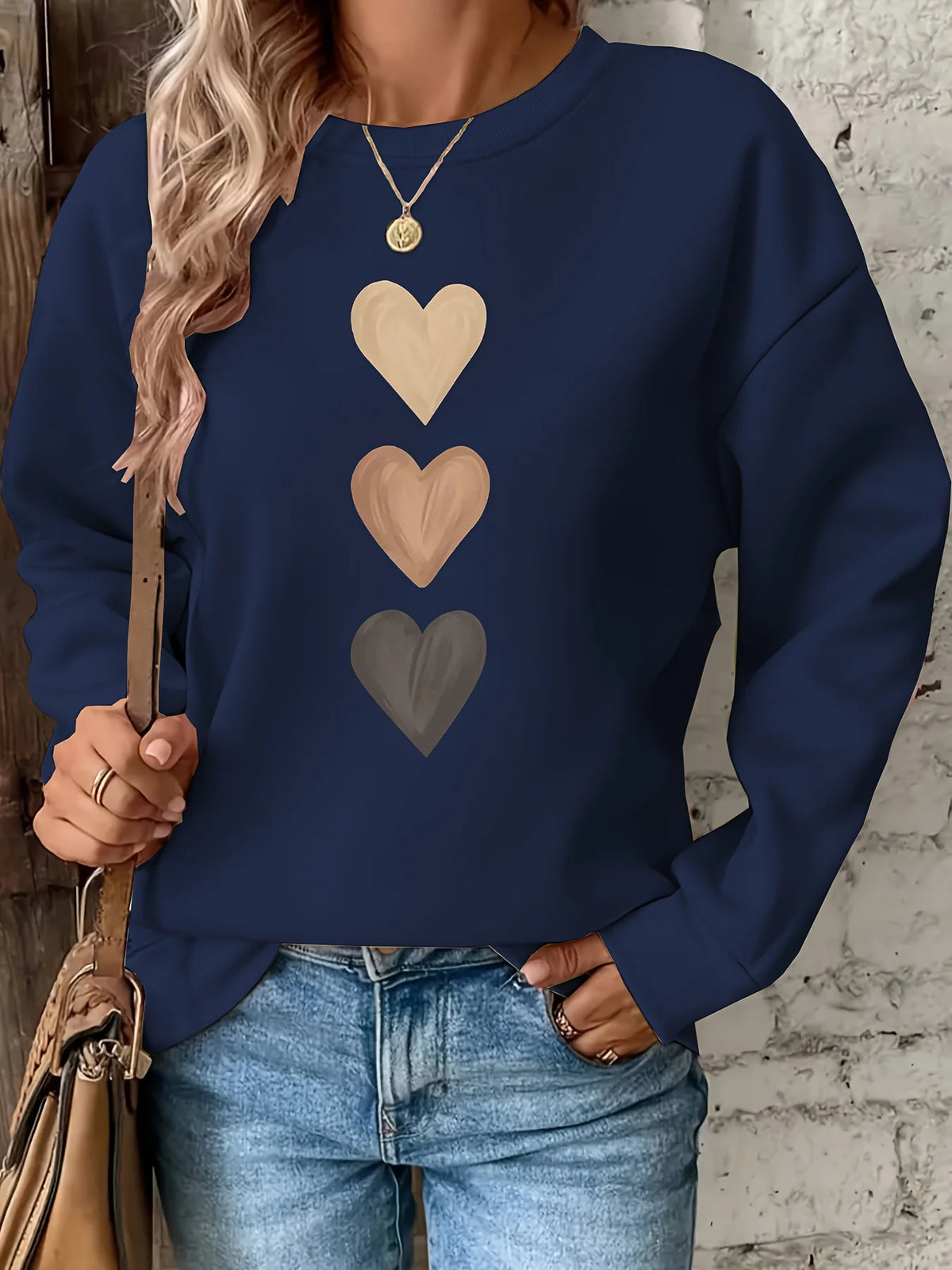 Women's Casual Heart Print Pullover Sweatshirt - Long Sleeve Knit