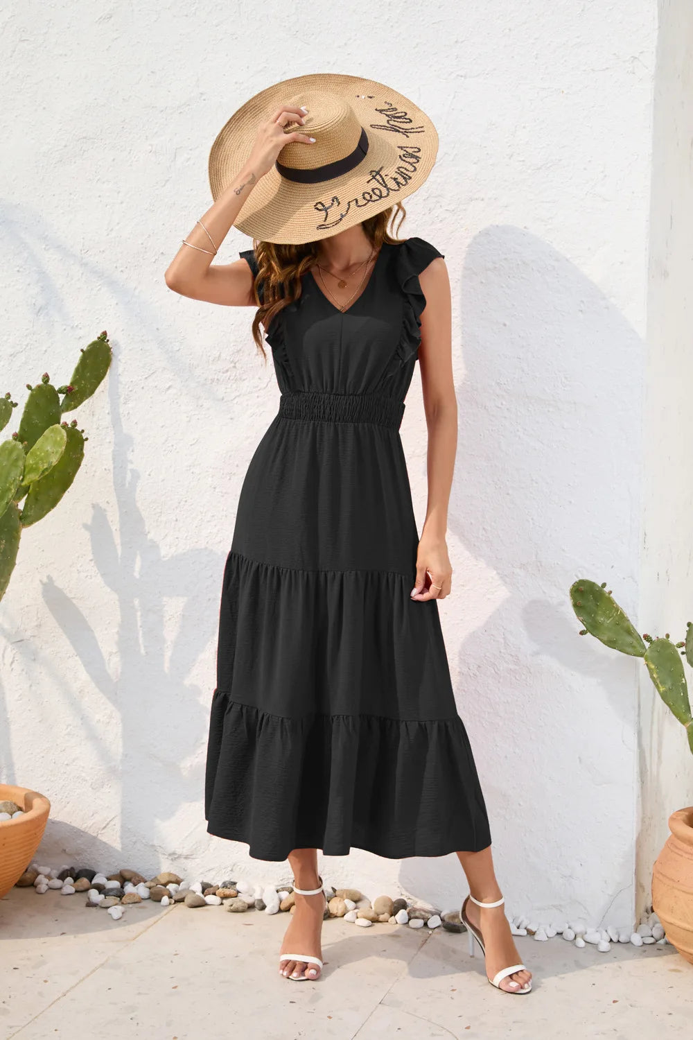 VigoCasey 2026 Summer Female Solid Long Dress Women Sexy Ruffle Sleeveless V Neck Long Dress Lady Casual High Waist Dresses