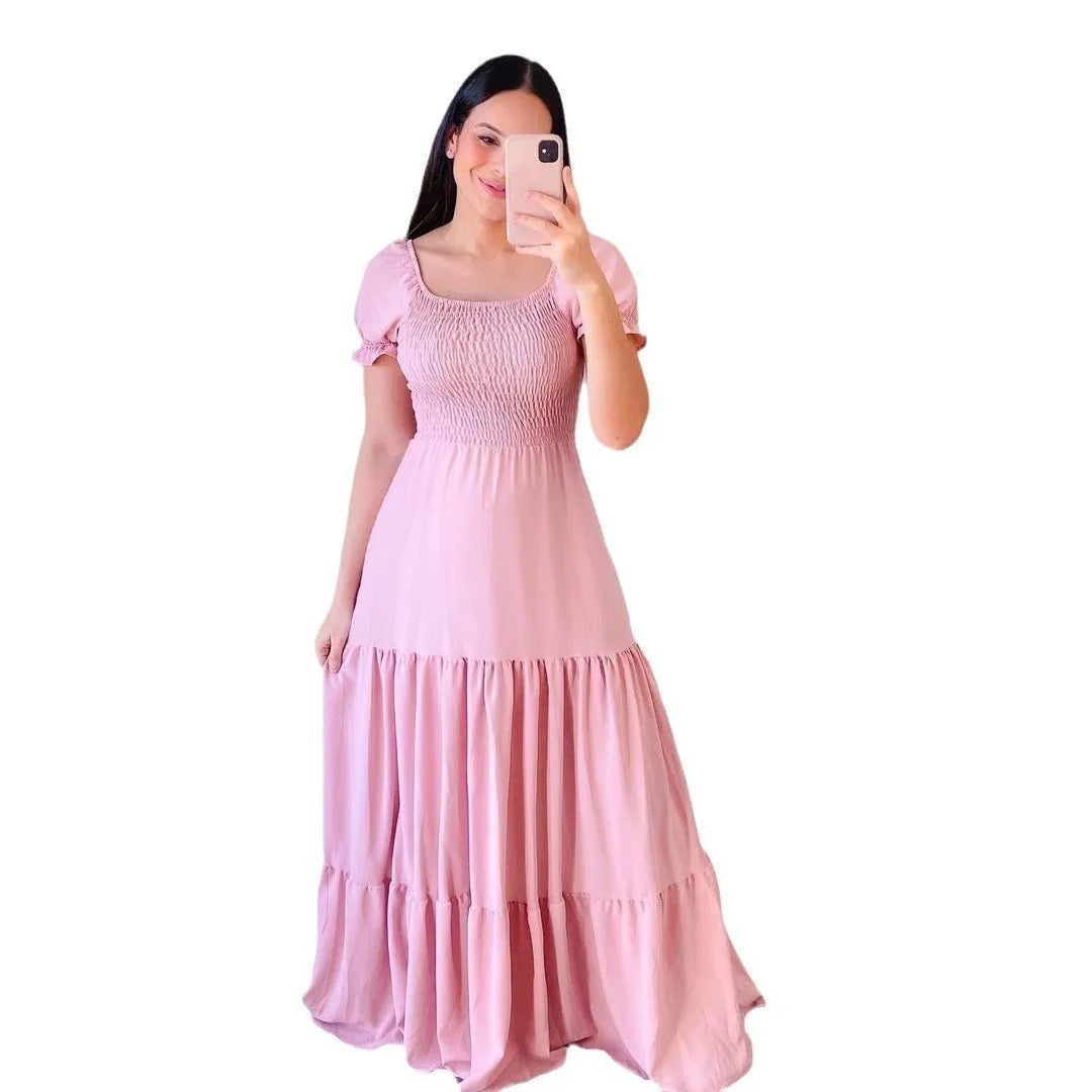 New Women's Boho Floral Dress Spring Summer European American Women's Clothing Off-shoulder Fragrant Long Solid Color Dress