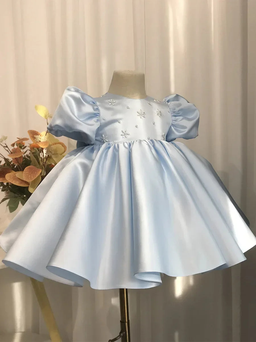 2026 Baby Girls Party Dress Blue Children Clothes Elegant Baptism Sleeves Plain Ball First Birthday Beading Puff Gowns