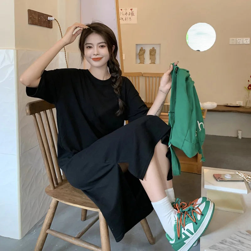 Women's Summer Plus Size Casual Dress 2026 New Loose Solid Color Knee Length Split Hem T Shirt Dress