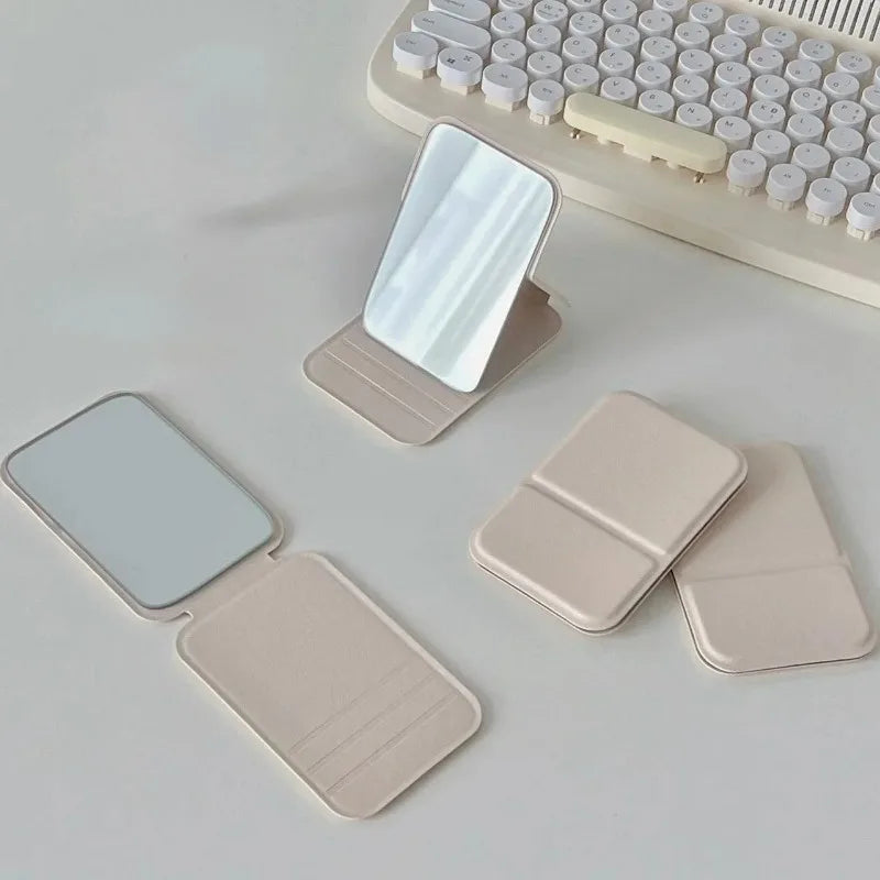 Desktop Makeup Mirror Foldable Portable PU Leather Compact For Students With Cute Solid Color