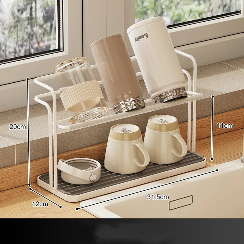 Estante de acero inoxidable de doble capa para tazas de cocina, soporte para tazas invertidas, bandeja de almacenamiento doméstica