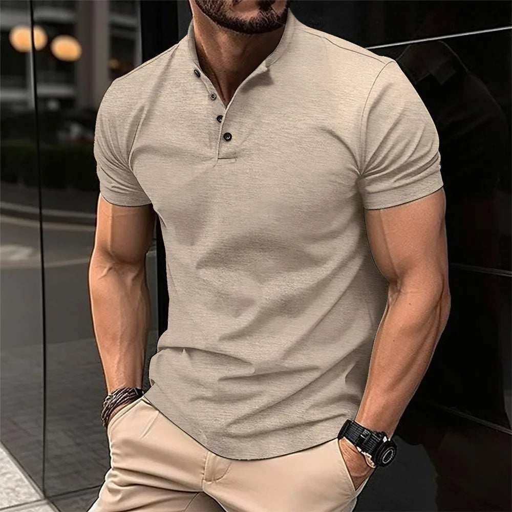 Summer New Men's Cotton Button Short Sleeve Henley Neck T-Shirt Casual Solid Color Breathable Versatile Fashion Slim T-Shirts ﻿