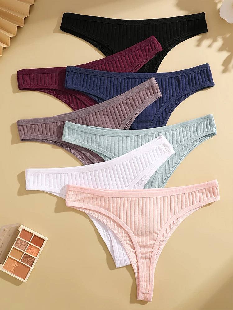 7Pcs Women'S Sexy Cotton G-String Panties Solid Color Ribbed Soft Thongs Female Low Waist Underpants Ladies Sexy Bikini Lingerie