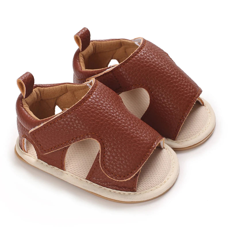 Baby Girls' Brown Leather Sandals - Soft Rubber Sole, 0-18 Months