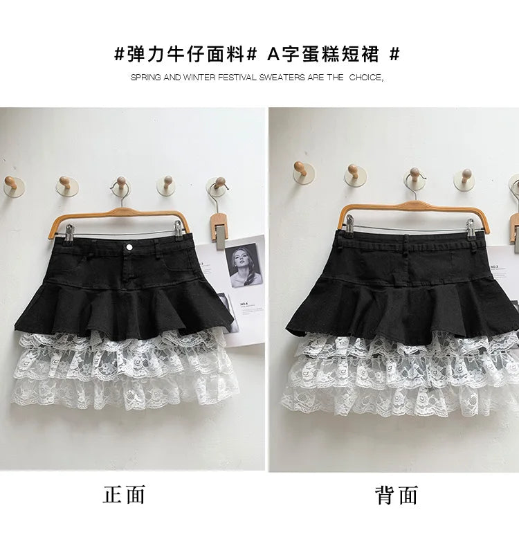 HotSweet Denim Patchwork Lace Mini Skirt 2026 Summer Ruffled Slimming A-Line Skirt For Women Streetwear Y2k Short Skirts