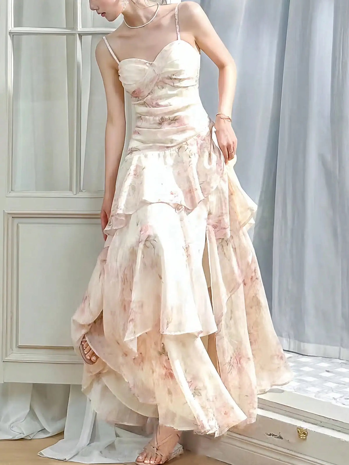 Women 2026 Summer Light Pink Floral Cami Tiered Chiffon Maxi Dress Spaghetti Strap Split Flowy Dress Wedding Guest Party
