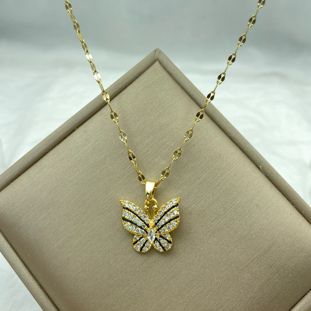 18K Gold Plated Stainless Steel Necklace for Women Copper Pendant Necklace Gold Plated Heart Butterfly Zircon Jewelry