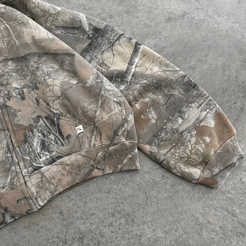 America Retro Zip up Hoodie Men Camouflage Pattern zipper Sweatshirt High Street Hip HopStreetwear Oversized Unisex Camo Hoodie