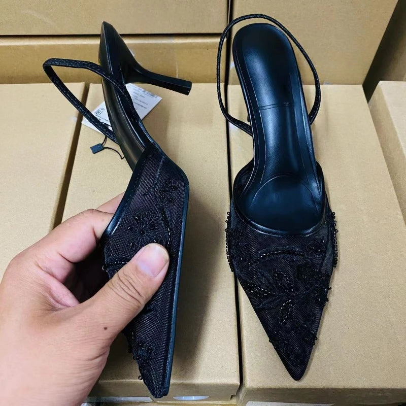 Ladies Flower Mesh Open Heel Sandals Shoes Sexy Designer High Heel Pointed Toe Stiletto Pumps Mules  women sandals