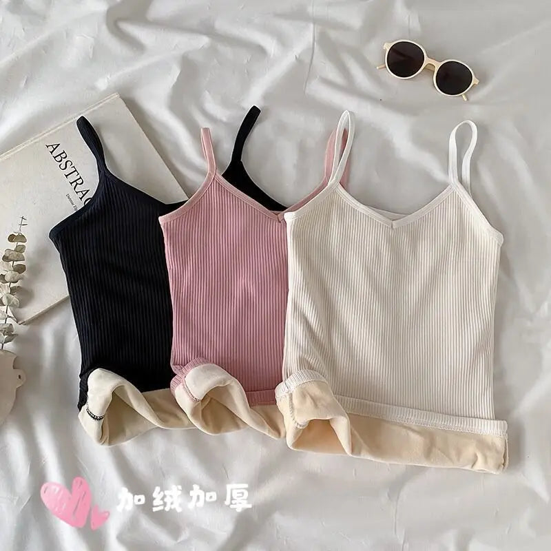 Women'S Winter Warm Underwear Solid Color Thermal Casual Nightwear Sexy Elasticity Female Thin Velvet T-Shirt Sleeveless Tops