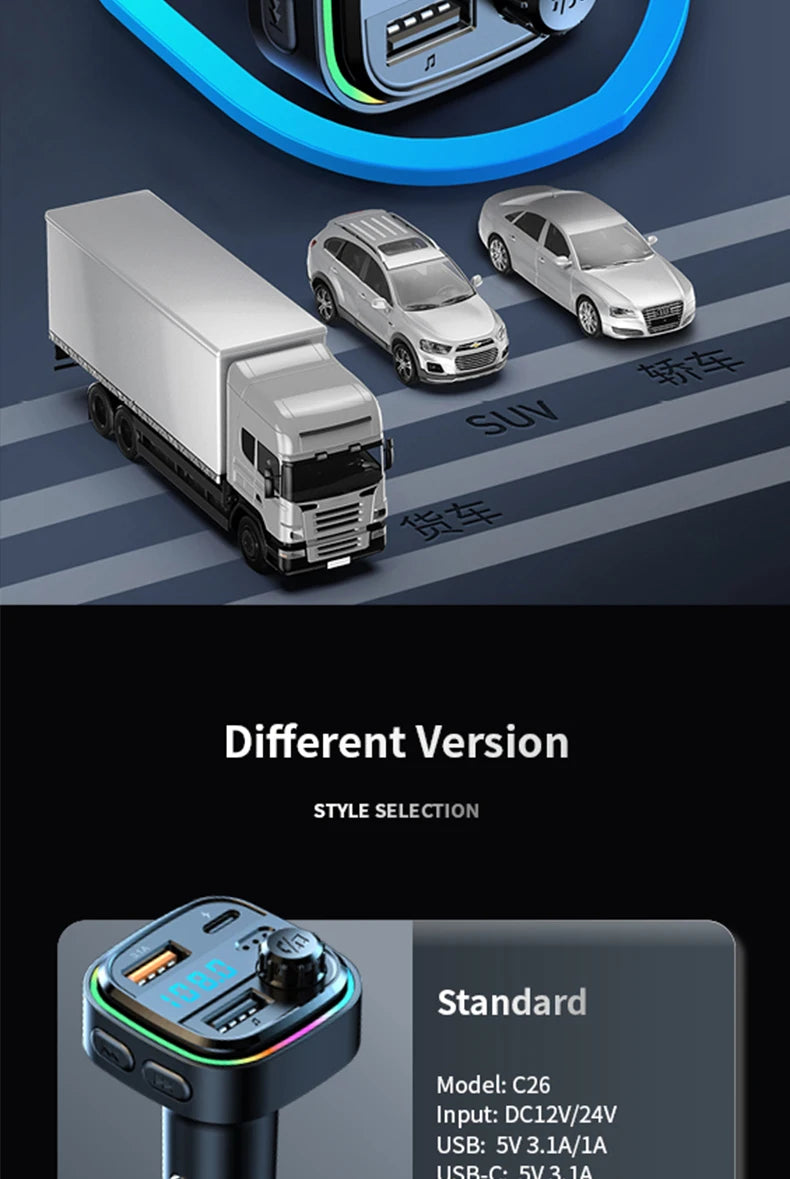 Newest C26 Bluetooth 5.0 FM Transmitter Handsfree Car Radio Modulator MP3 Player USB Super Quick Charge Adapter Car Accessories