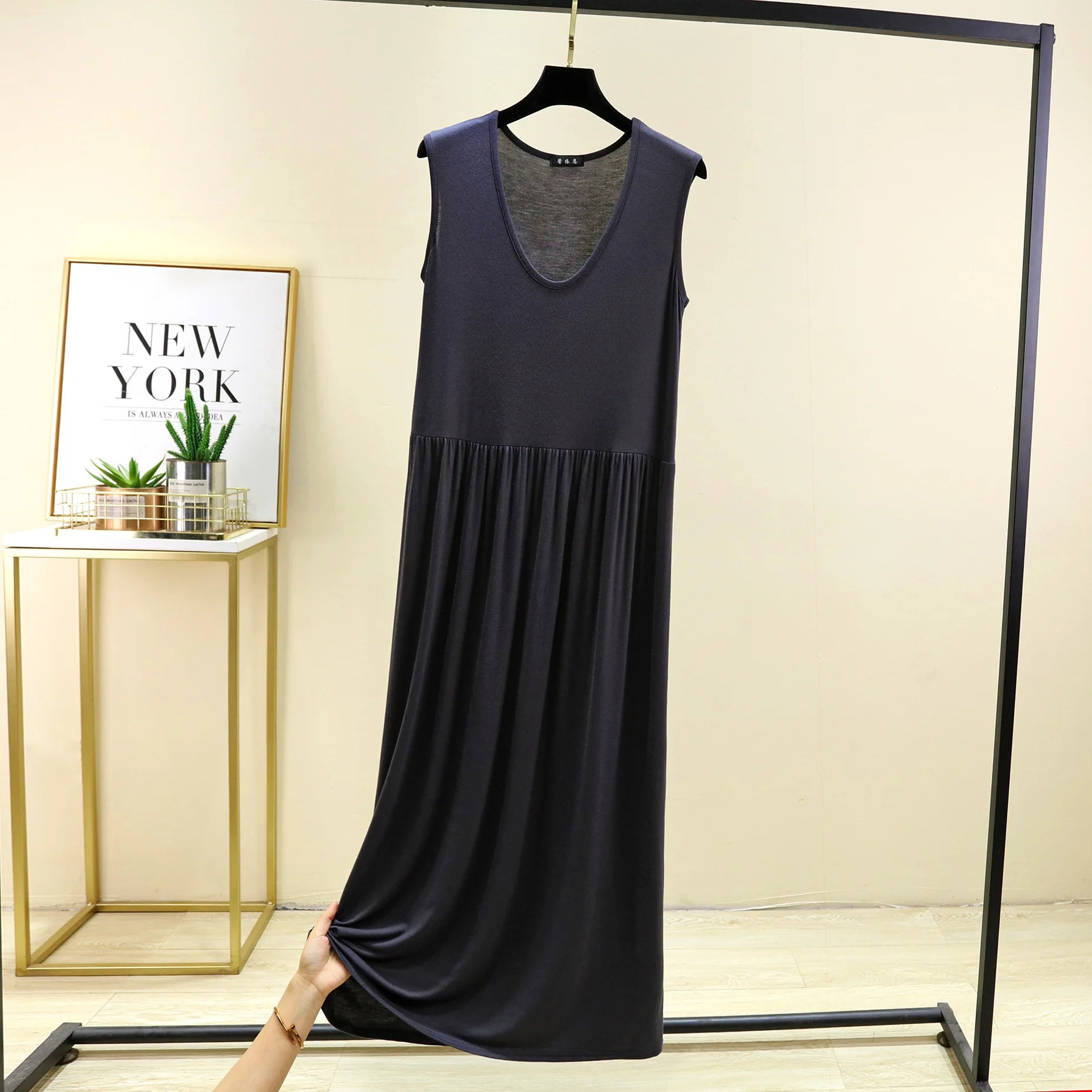 Plus Size Women's Modal Sleeveless Tank Dress – Pleated Mid-Length Waist-Slimming Homewear