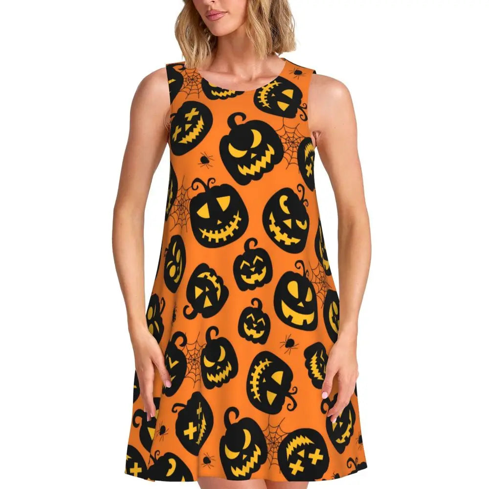 Happy Haunts Tank Dress Halloween Pumpkin Aesthetic Dresses Sleeveless Cute Dress Hot Sale O Neck Ladies Printed Clothing