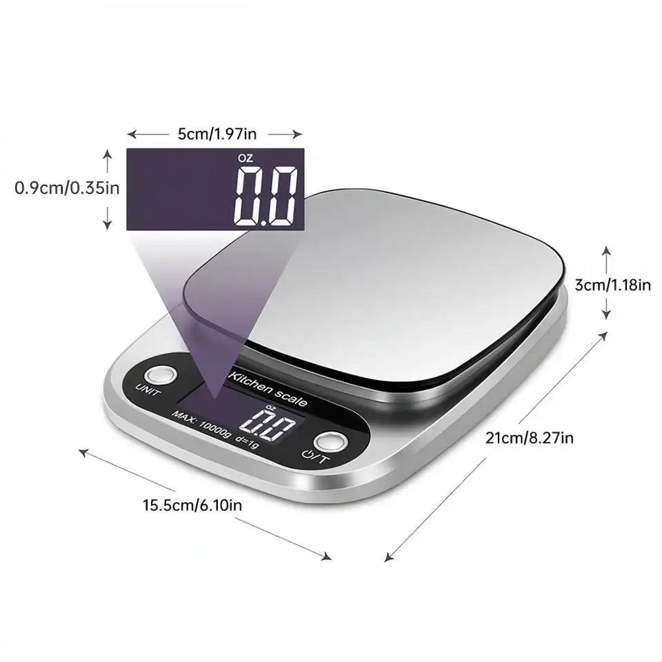 Báscula de cocina de 10 kg, báscula de cocina digital con función de tara, báscula electrónica para joyas y alimentos, pantalla LCD de acero inoxidable