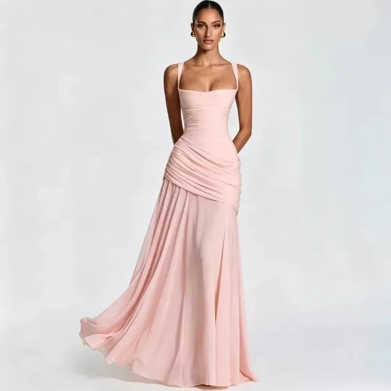 Elegant Strapless Ruched Maxi Dress Sexy Backless Lace Up Cinched Waist Slit Draped Bodycon Dresses Cocktail Party Evening Gown