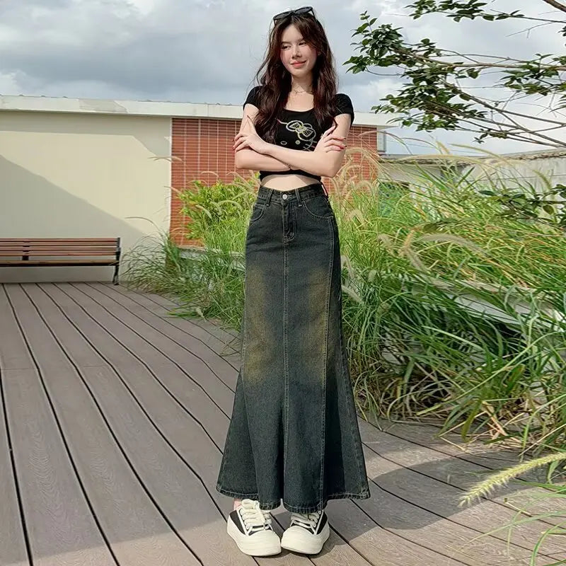 2026 Vintage Denim Spring New High Waist Slimming Mid Length A-line Fish Tail Wrapped Buttocks Skirt for Women