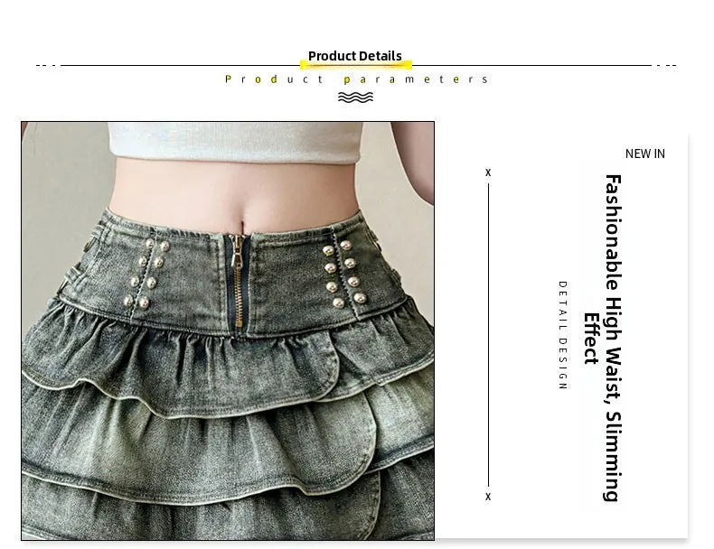 American Style Spicy Girl Design Elastic Denim Cake Short Skirt Women's Summer Pure Desire High Waist Slimming Pleated  S...