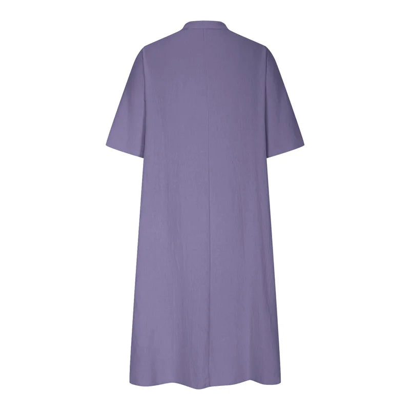 New Solid Color Cotton Linen Comfortable Casual Dresses Women Half Sleeve Loose Dress Gown Female Double Pocket Patchwork Frock