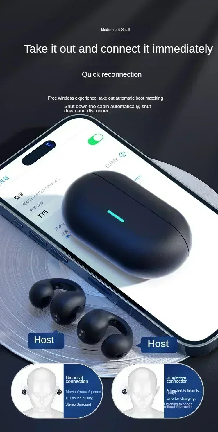 TWS Bluetooth Headset 5.3 Wireless Air Conduction Headphones Clip Ear Music Noise Canceling HD Call Sports Gaming Earphone
