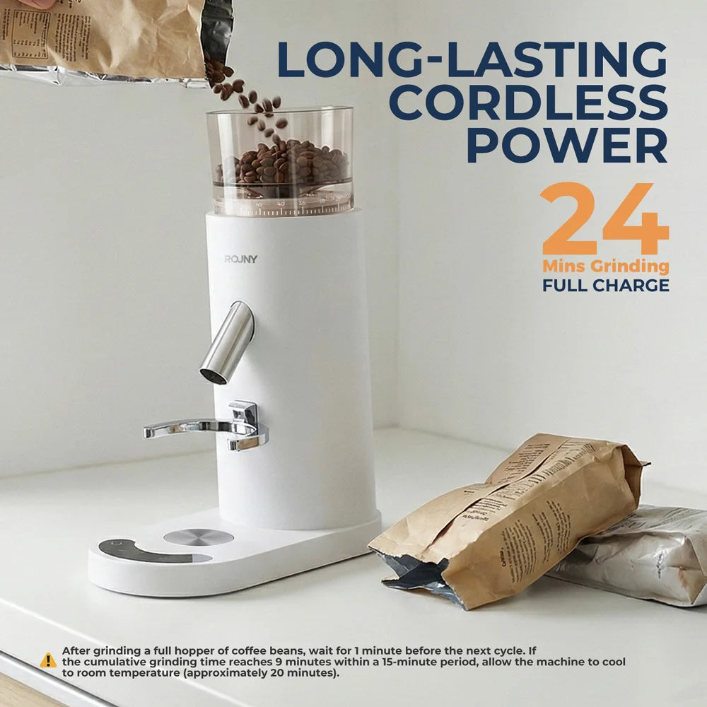 ROUNY Cordless Coffee Grinder, Rechargeable Electric Burr Grinder with Adjustable Grind, 80g Bean Hopper and 60g Dosing Cup