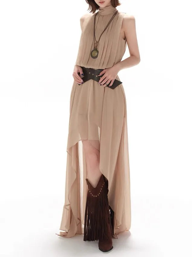 Elegant Casual Sleeveless Chiffon Vest Dress Original Design Long Skirt Drifting Hemline Polyester Fabric Shirt Pattern Stitc...