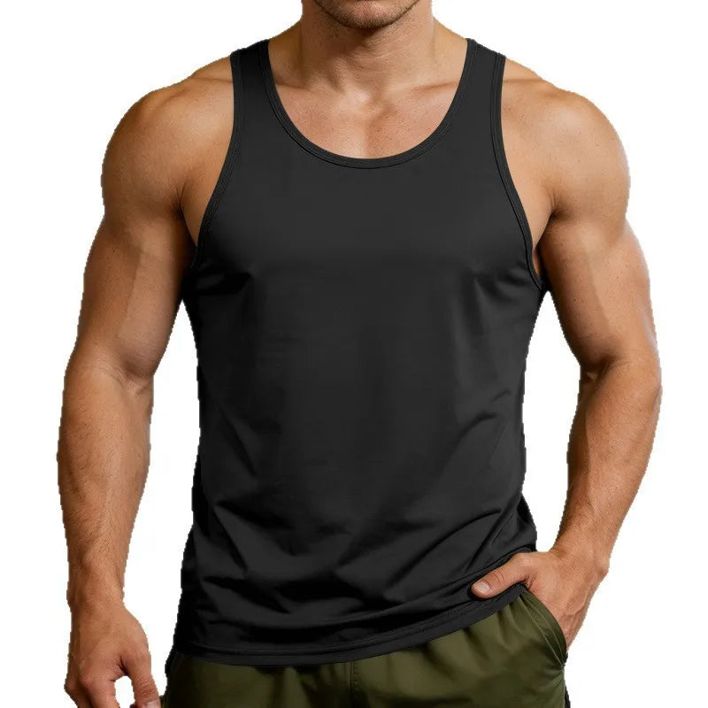 Men's Gym Sports Tank Top Muscle Aesthetic Dry Fast Workwear Polyester Fiber Summer Sport Fit Style Solid Color round Neck