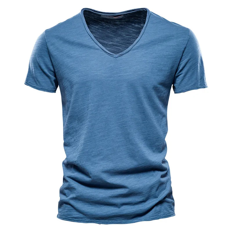 Aiopeson 100% Algodón Hombre Cuello V Camiseta Ajustada de Confort Premium Casual