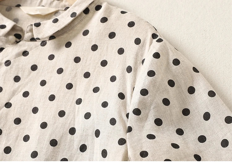 Summer Vintage Polka Dot Cotton Lin Short Sleeve Women's Dress Loose Slimming Gown Side Buttoned Midi Skirt A-Line Dress
