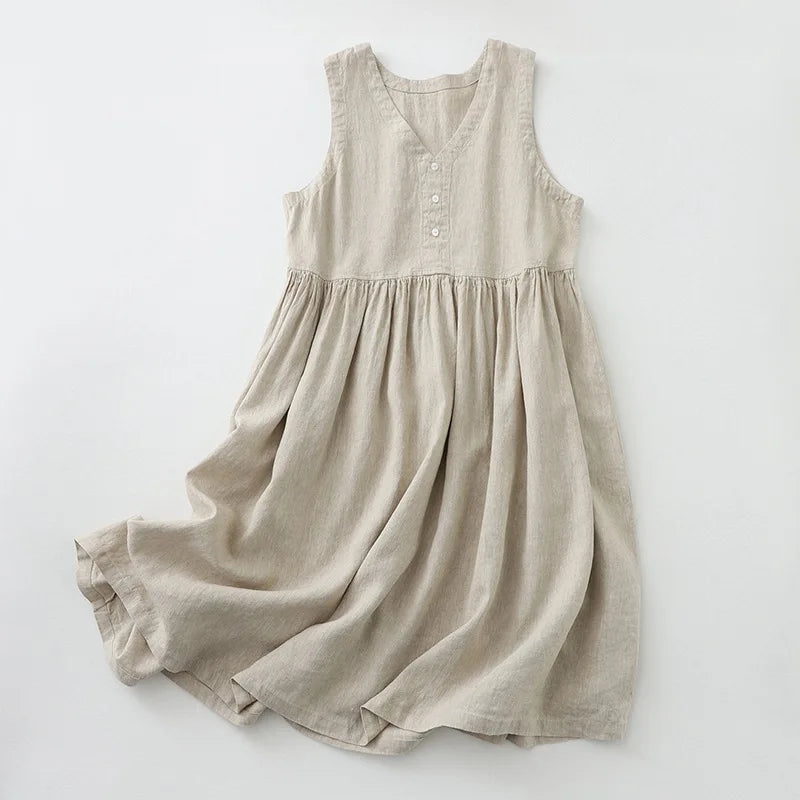Cotton Linen Sleeveless Midi Dress For Women With V Neck Button Down Loose Fit Summer Casual