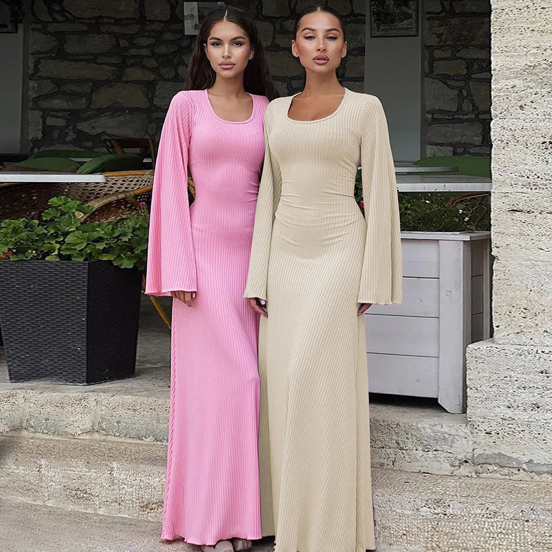 Women's Flare Sleeve Maxi Dress – Slim Fit Lace-Up Floor-Length Gown