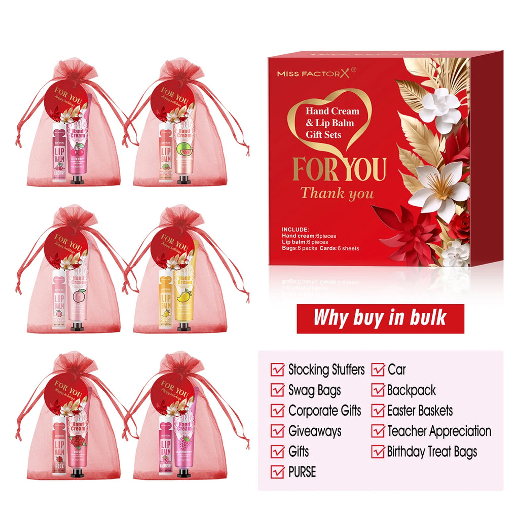 24PCS/Box Lip Balm in Bulk, Hand Cream in Bulk Thank You Card and Red Gauze Bag, Wedding Gift to Guests, Christmas and New Year