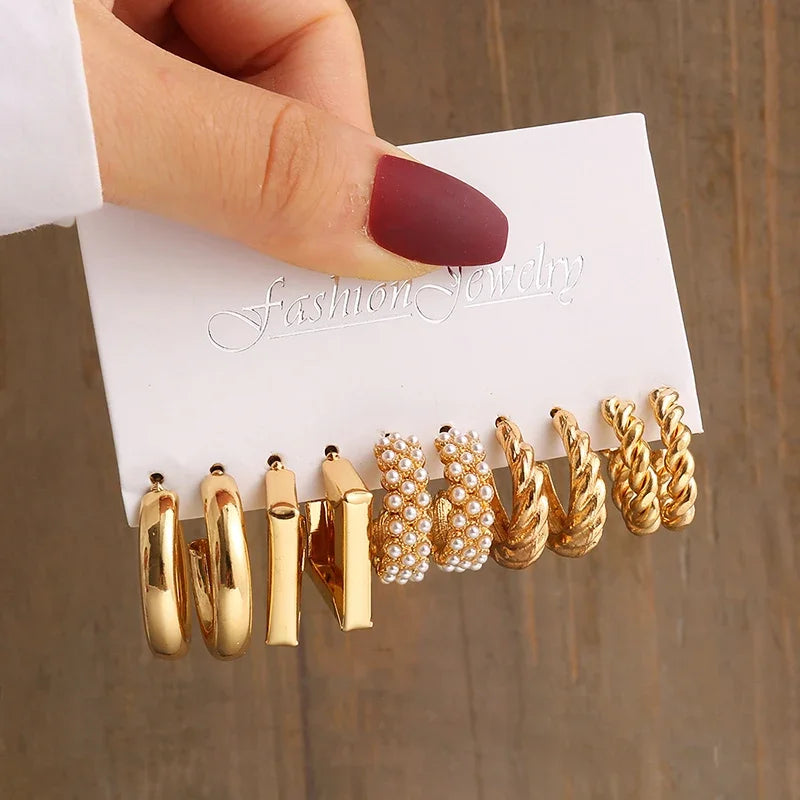 New Gold Color Vintage Geometry Pearl Earrings Set Metal Twine Square Dangle Earring Round For Women'S Trendy Jewelry