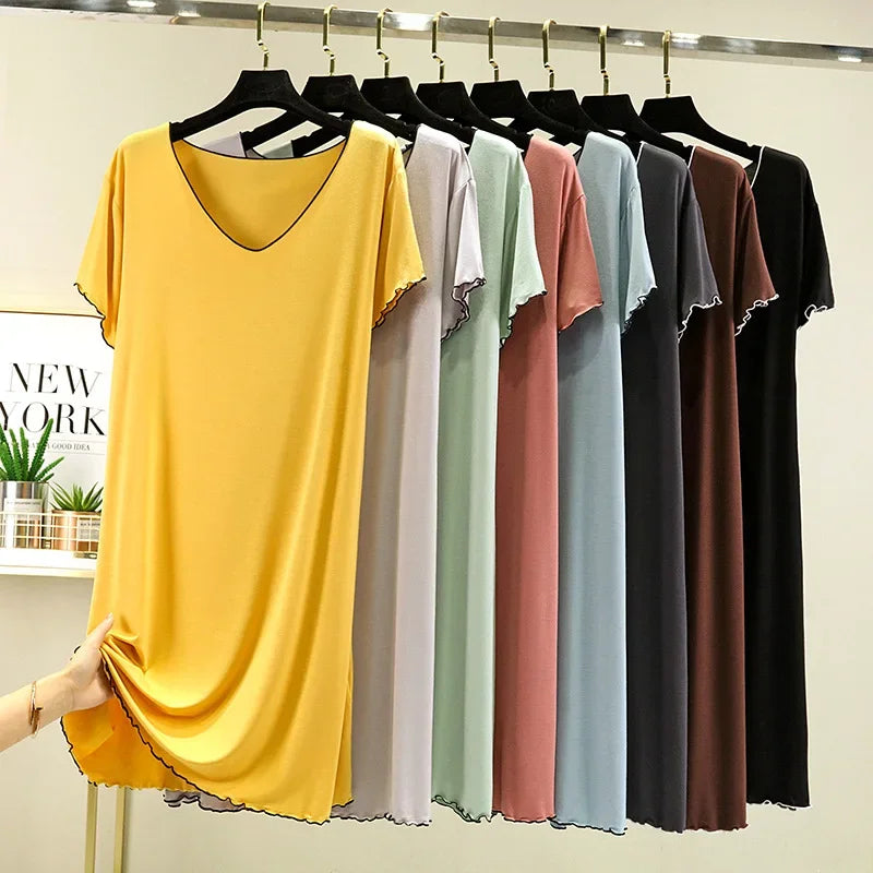 Loose Casual Modal Short Sleeve Dress V-Neck Base Skirt Thin Summer Floral Edge Sleep Dress Versatile Summer Dress