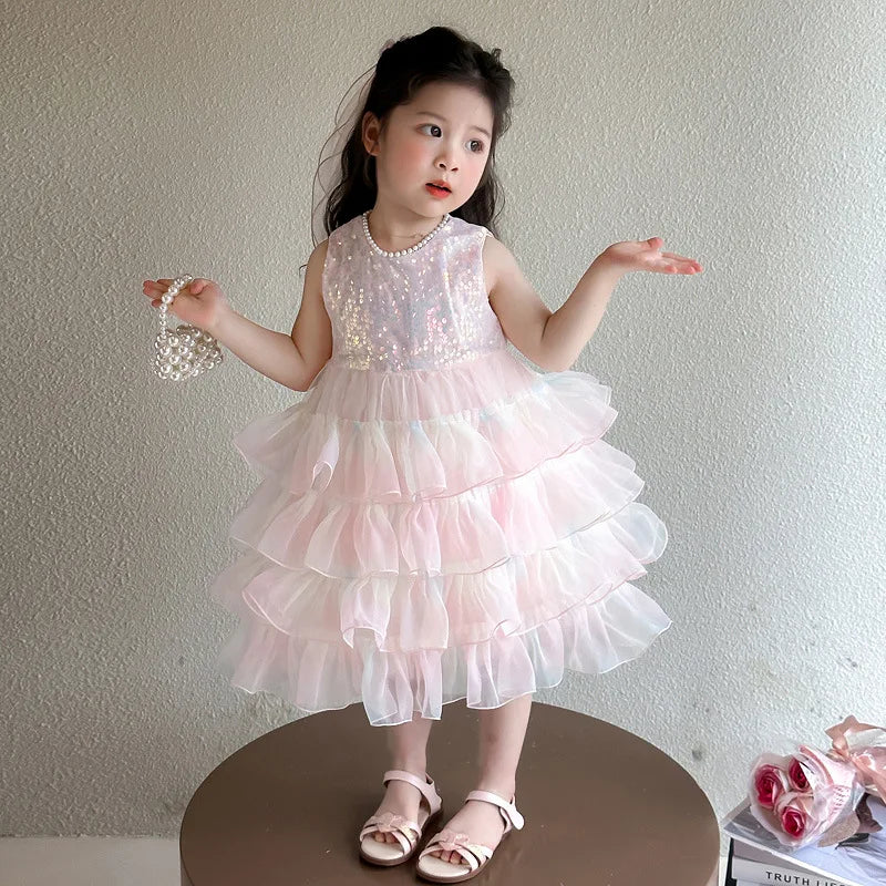 Girls Dress 2026 Spring Summer New Children's Clothing Korean Style Girl Baby Sweet Sequin Cake Princess Dress with Veil