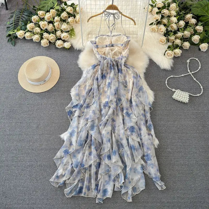 Fashionable Beach Vacation Strapless Backless Slimming Print Chiffon Dress with Ruffle Hem Gradient Coloring Knitted Fabric