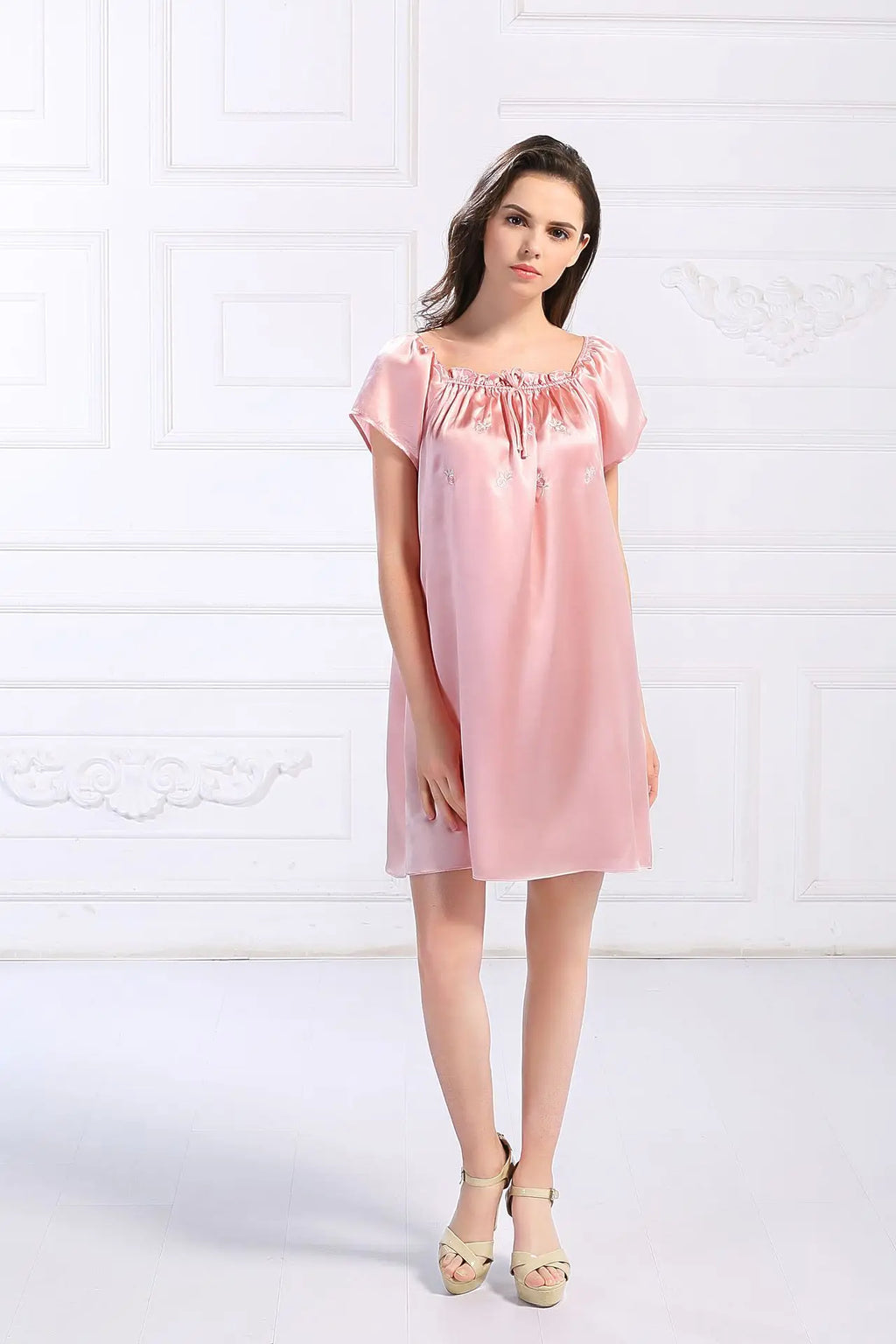 Women's 100% Mulberry Silk Sleep Dress Short Sleeve Summer Spring New Arrival Loose Solid Color Embroidered Doll Sleepwear