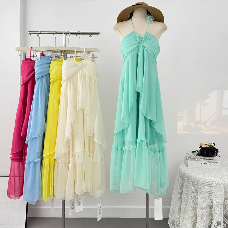 French style three-dimensional flower hanging neck lace-up dress women's summer vacation style sexy backless big swing skirt