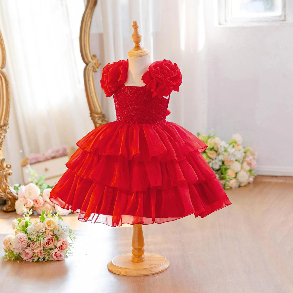 HETISO Baby Girls Summer New Version Layered Dresses Children's One Year Princess Sequined Pink Wedding Party Ball Gown 1-5Y