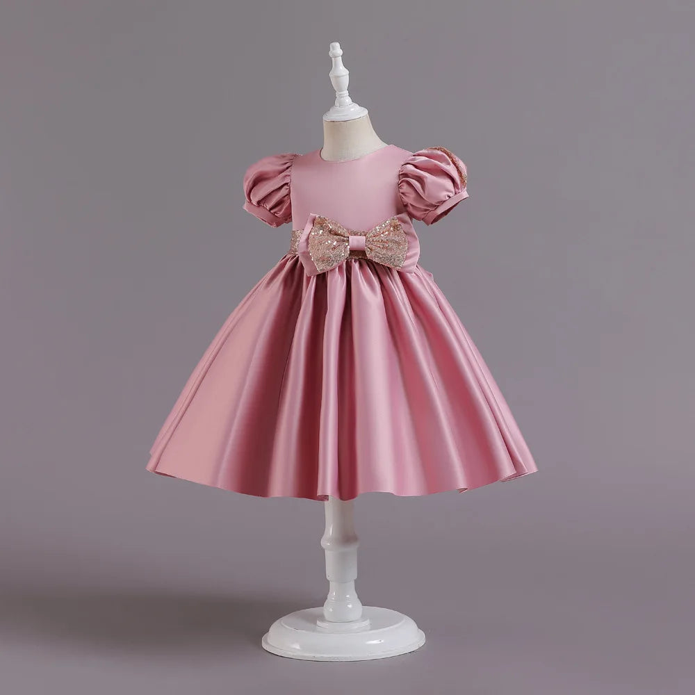 Golden Bow Satin Girls Dress For Weddings Party Children's Pageant Ball Gown Kids Formal Evening Clothing 2-8 10 Years