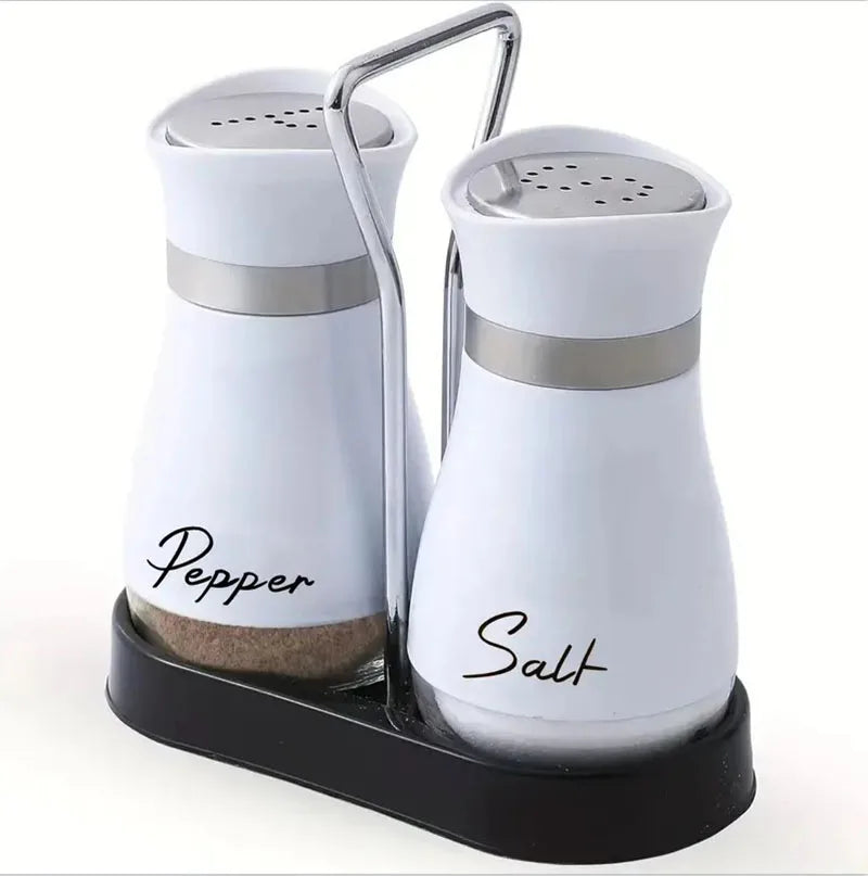 Botella de cristal para especias de cocina, juego de 2 molinillos de sal y pimienta recargables ajustables con estante, dispensador de especias con orificios para verter