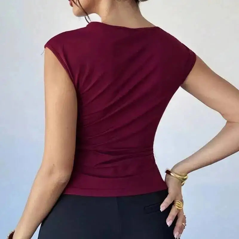 Women Solid Color Short Sleeved Top Summer Asymmetrical Slanted Collar Slimming Vest Elegant Comfortable And Breathable Vest