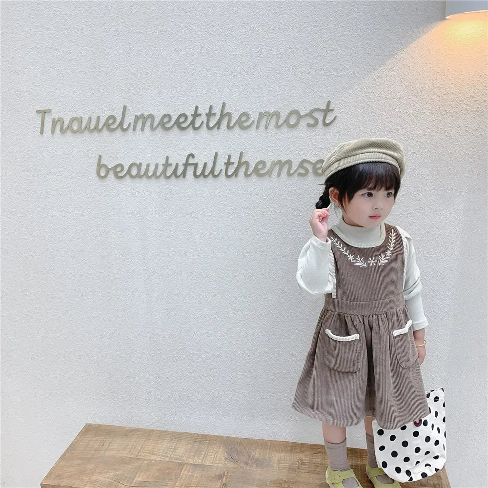 2025 Vinatge Baby Corduroy Sleeveless Dress Little Girls Sundress and Long Sleeve Tops Autumn Winter  Two Piece Set Children